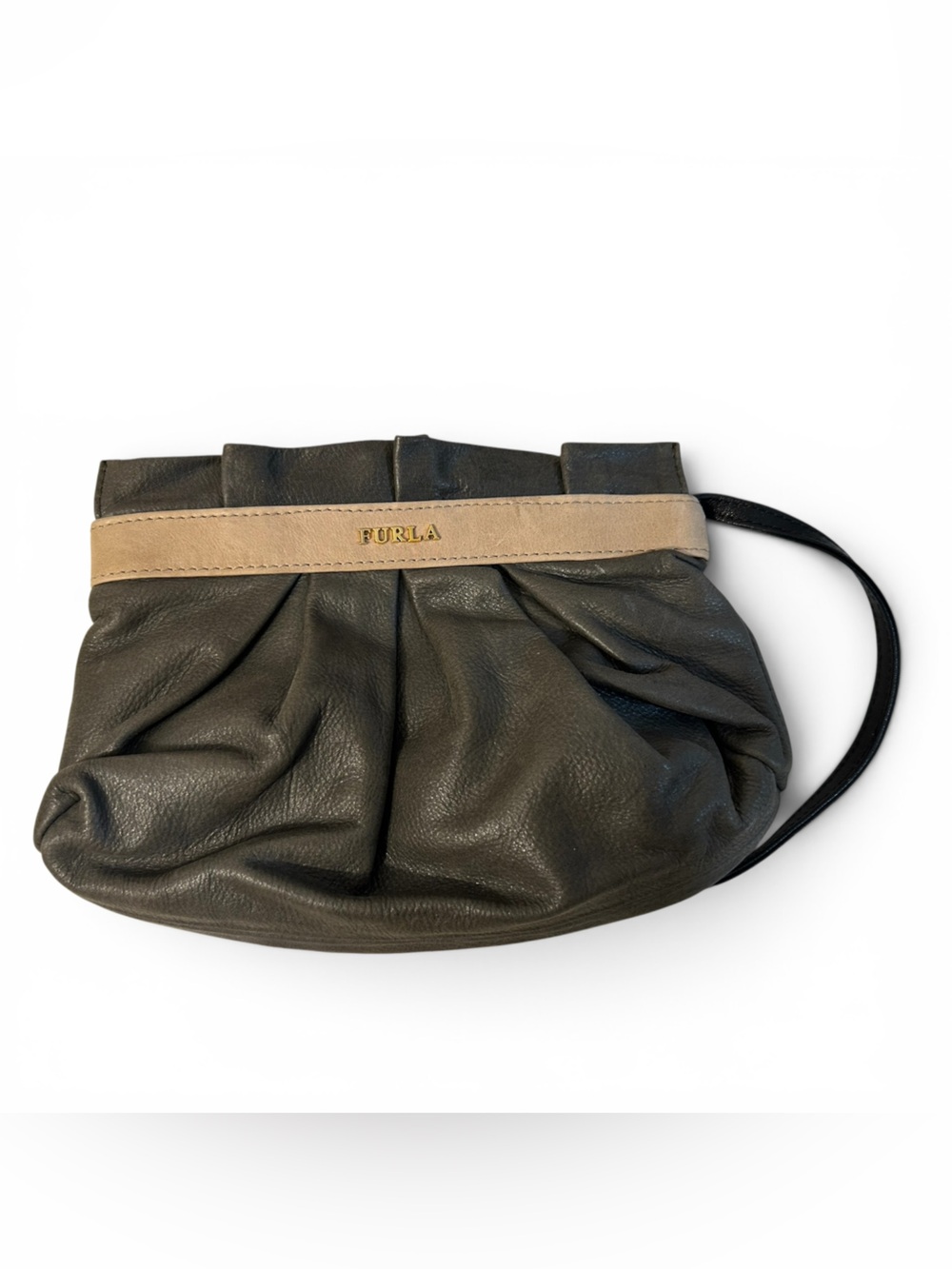 Vintage FURLA Gathered Leather Clutch Wristlet Bag Charcoal Grey & Tan Accent